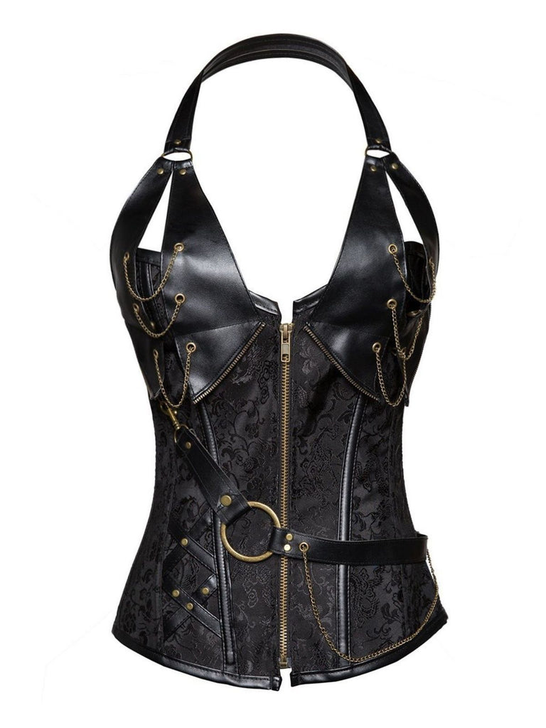 Corsetto gotico in pelle con capestro Steampunk