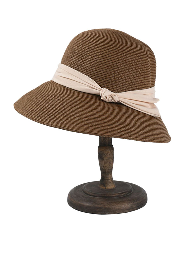 Cappello cloche in rafia con fascia beige