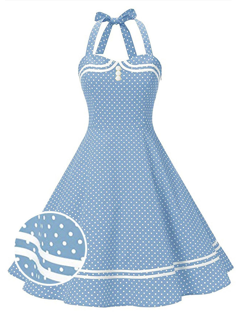 Abito blu a pois con scollo all'americana anni '50