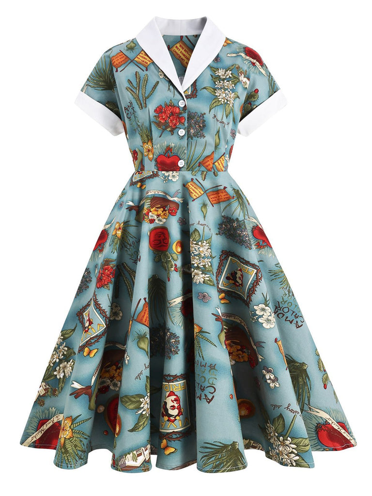 Abito blu anni '50 con bottoni a fumetti Swing Dress