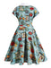 Abito blu anni '50 con bottoni a fumetti Swing Dress