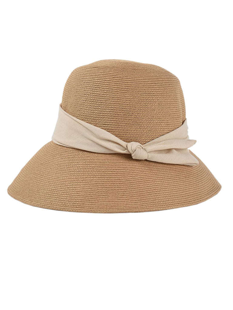 Cappello cloche in rafia con fascia beige