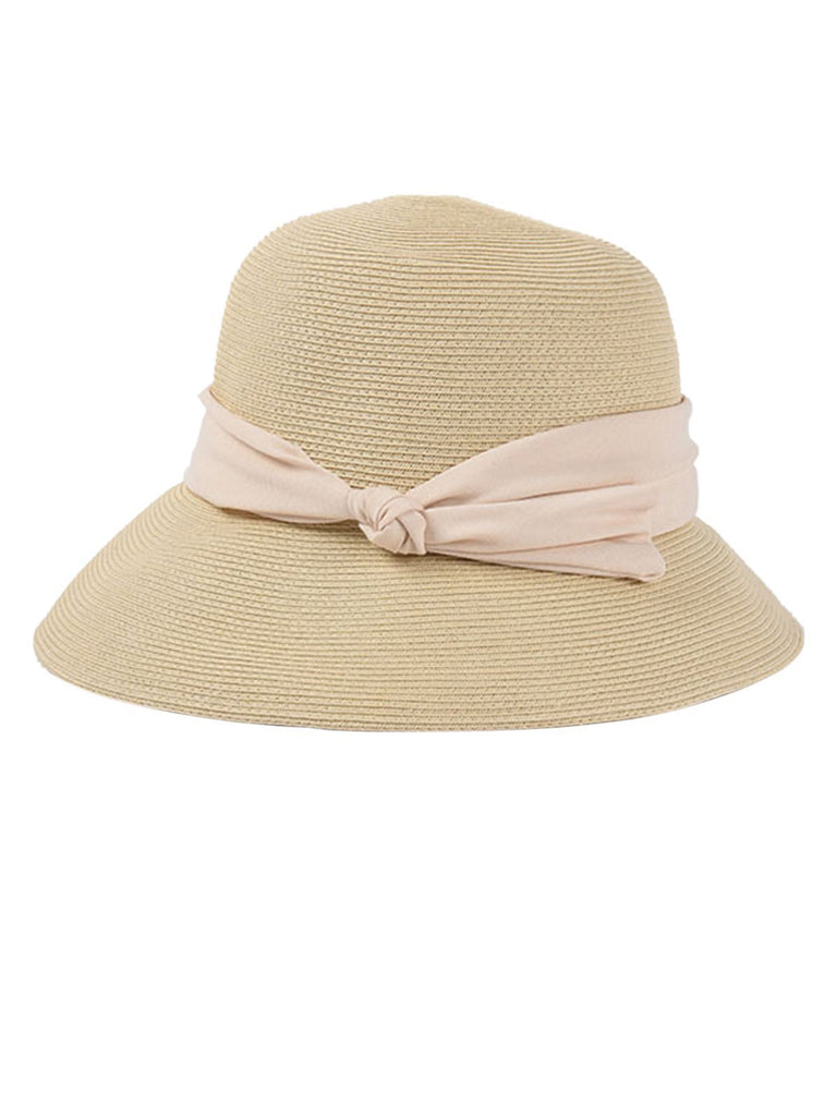 Cappello cloche in rafia con fascia beige