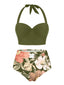 Set bikini con fiori all'americana con lacci verde oliva