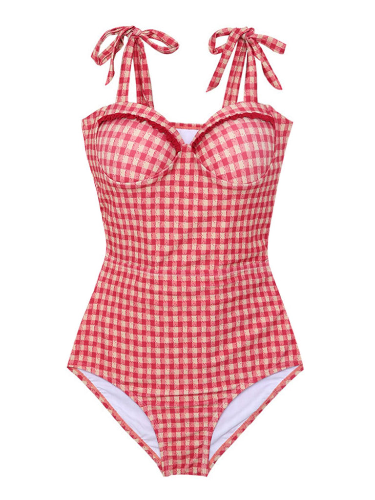 Costume da bagno rosso con cut-out sul retro a quadri