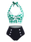 Completo bikini verde a quadri con fiocco e fiocco