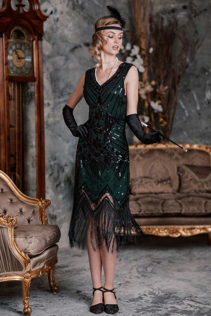 Abito Flapper con paillettes verde scuro anni '20