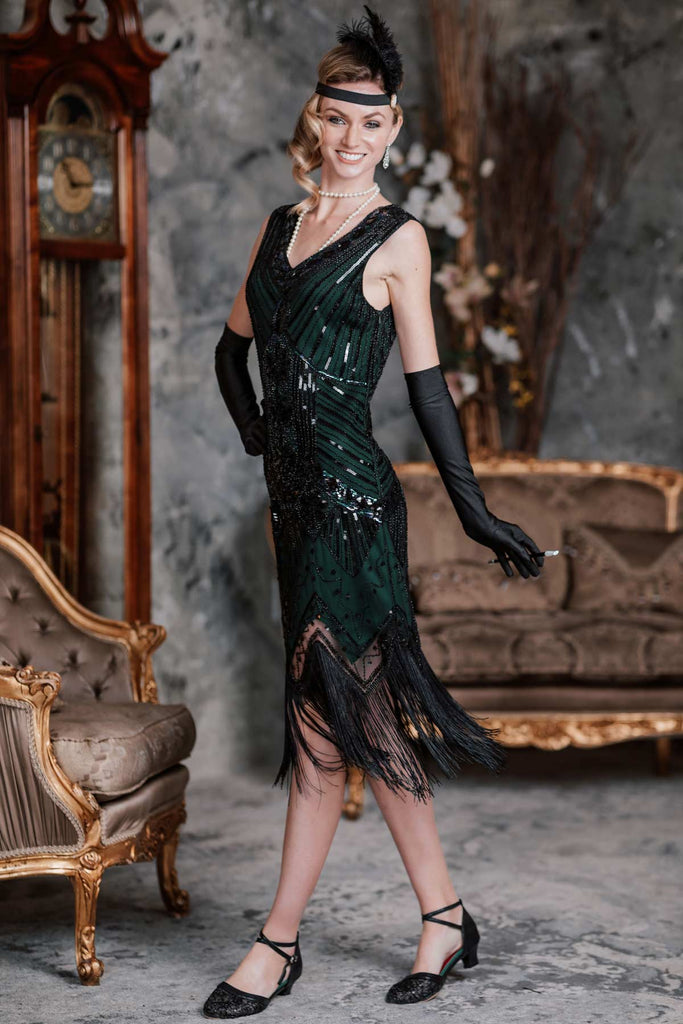 Abito Flapper con paillettes verde scuro anni '20