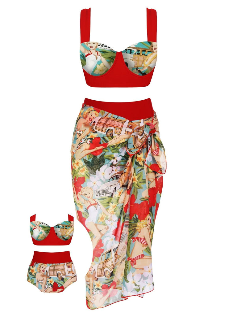 Set bikini da donna retrò rosso 3 pezzi